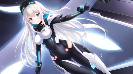 anime girl with long white hair in a black and white outfit