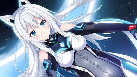 anime girl with long white hair and blue eyes holding a sword