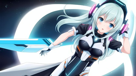 anime girl with white hair and headphones on holding a sword