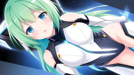 anime girl with green hair and blue eyes in a space suit