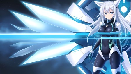 anime character with long white hair standing in front of a futuristic background