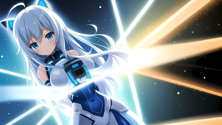 anime girl with long white hair holding a blue object in her hand