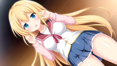 anime girl with long blonde hair and blue eyes wearing a white shirt and blue shorts