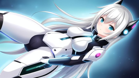 anime character with white hair and blue eyes in a space suit