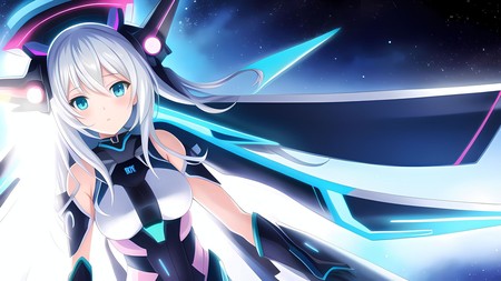 anime girl with long white hair and blue eyes in a futuristic space setting