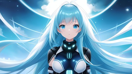 anime girl with long blue hair and a futuristic outfit with glowing eyes