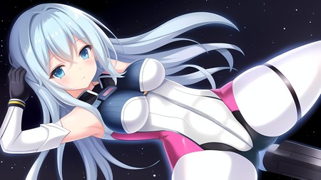 anime girl with long white hair and blue eyes laying on a motorcycle