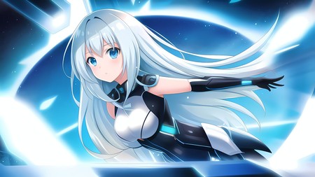 anime character with long white hair and blue eyes in front of a blue background