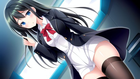 anime girl with long black hair wearing a white shirt and black skirt