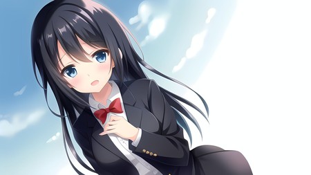 anime girl wearing a suit and a red bow tie looking up at the sky