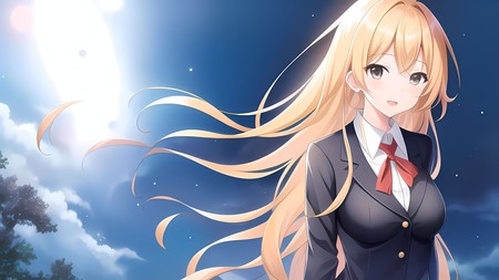 woman with long blonde hair wearing a suit and tie with a full moon in the background