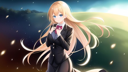 anime girl with long blonde hair wearing a suit and bow tie