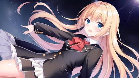 anime girl with long blonde hair wearing a black jacket and a red bow tie
