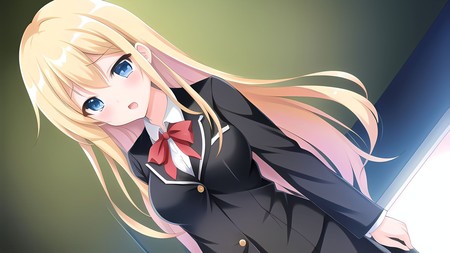 anime girl with long blonde hair wearing a black suit and red bow tie