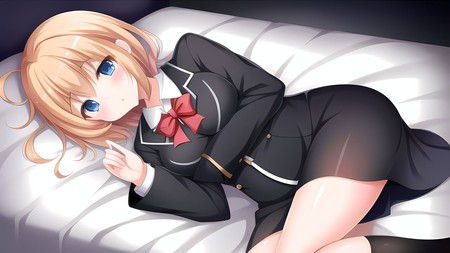 anime girl laying on a bed with her eyes closed and eyes closed