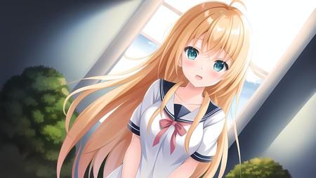 anime girl with long blonde hair standing in front of a window