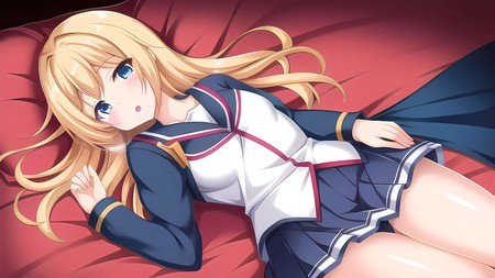 anime girl laying on a bed with a red blanket and a blue and white shirt