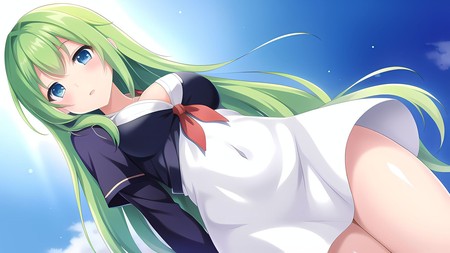 anime girl with long green hair in a white shirt and black skirt