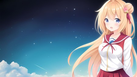 anime girl with long blonde hair standing in the sky with stars in the background