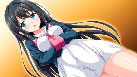 anime girl with long black hair wearing a white shirt and a pink tie
