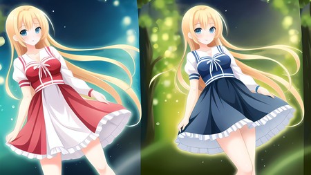 two pictures of a girl with long blonde hair wearing a blue and red dress