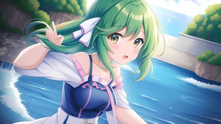 anime girl with green hair standing in front of a body of water