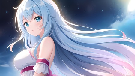 anime girl with long white hair and blue eyes in the sky