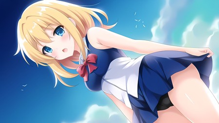 anime girl with blonde hair and blue eyes in a blue and white dress