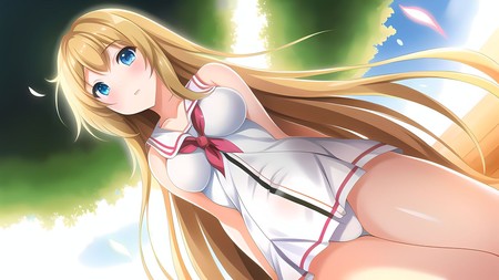 anime girl with long blonde hair wearing a white shirt and red tie