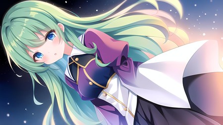 anime girl with long green hair and blue eyes in the sky