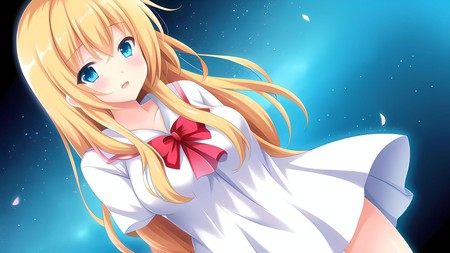 anime girl with long blonde hair wearing a white shirt and a red bow