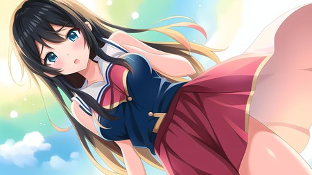 anime girl with long hair and blue eyes wearing a red and blue dress