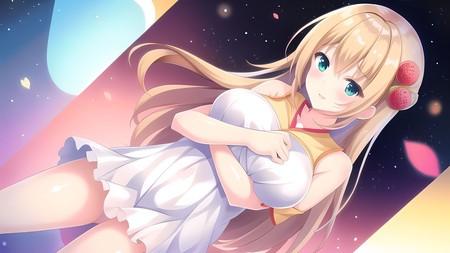 anime girl with long blonde hair wearing a white dress and holding a strawberry in her hand
