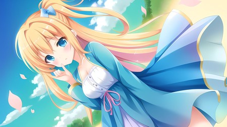 cartoon girl with long blonde hair in a blue and white dress