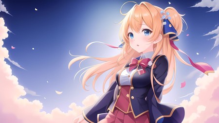 anime girl with long blonde hair standing in a field of clouds