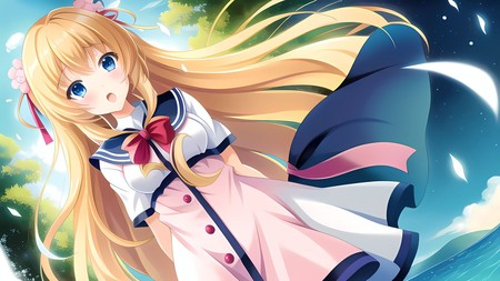 anime girl with long blonde hair and a sailor outfit is standing in front of a body of water