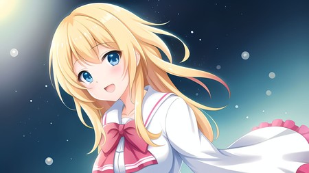 anime girl with blonde hair and blue eyes wearing a white shirt and a pink bow