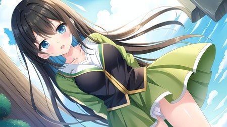 anime girl in a green and black dress with long hair and blue eyes
