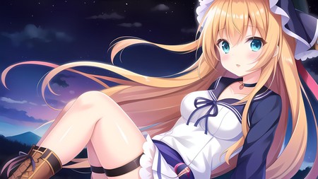 anime girl with long blonde hair and blue eyes sitting on the ground