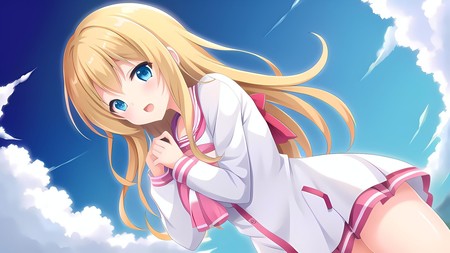 anime girl with long blonde hair and blue eyes in the sky