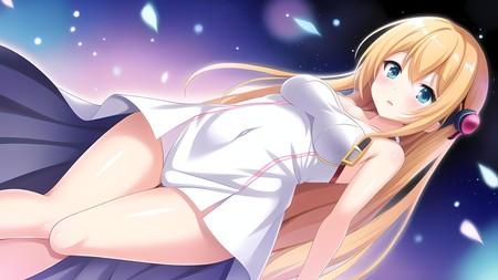 very cute anime girl with big breast laying on the ground with her legs crossed