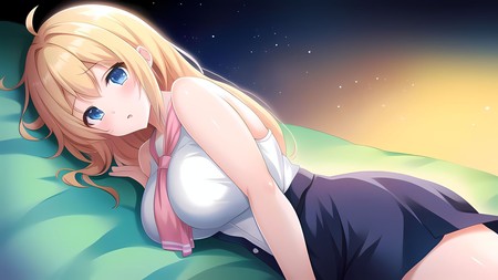 anime girl laying on a bed with a sky background behind her