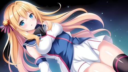 anime girl with long blonde hair and blue eyes laying on the ground