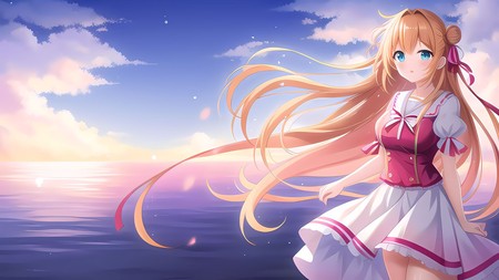 anime girl with long blonde hair standing in front of a body of water