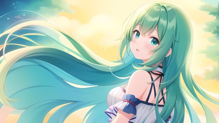 anime girl with long green hair and blue eyes in the sky