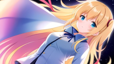 anime girl with long blonde hair and blue eyes wearing a blue shirt