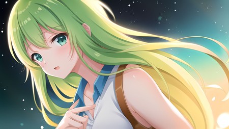 anime girl with long green hair and blue eyes is pointing her finger to the side