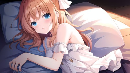 anime girl laying on a bed with blue eyes and a white shirt