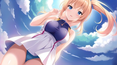 anime girl with long blonde hair and blue eyes in the sky