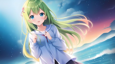 anime girl with long green hair standing in front of the ocean